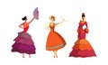 Young Woman Performing Different Folk Dances Moving Gracefully Vector Set