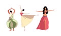 Young Woman Performing Different Folk Dances Moving Gracefully Vector Set