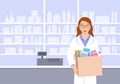 Pharmacist in pharmacy holds bag with medicines Royalty Free Stock Photo