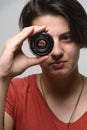 Young woman with photographic equipment Royalty Free Stock Photo