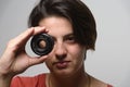 Young woman with photographic equipment Royalty Free Stock Photo