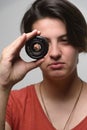 Young woman with photographic equipment Royalty Free Stock Photo