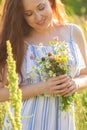 Young woman picking flowers in the meadow in summer evening close-up. Royalty Free Stock Photo