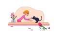 A young woman picks up a cat from the windowsill. The kitten dropped a flower pot. Vector illustration Royalty Free Stock Photo