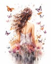 Looking Girl with Butterflies and Long Hair Flying