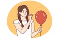 Young woman in casual clothes pierces balloon with needle and looks forward smiling. Vector image