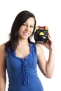 Young woman piggy bank shoulder Royalty Free Stock Photo