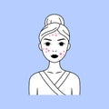 Young Woman with Pimples on her Face. Acne. Portrait of a Lady with Problematic Skin. Ugly. Cartoon Line style. Black and White