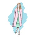 Young Woman in pink coat. fashion illustration sketch of female in fashionable clothes