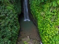 A young woman in a pink dress at Leke Leke waterfall in a lush tropical forest, Bali