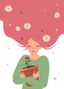 A young woman with pink hair hugs a pot of clover flowers. Happy girl with daisies in her hair is waiting for summer