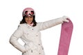 Young woman with pink helmet and snowboard