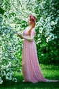 Young woman in a pink lace dress and a wreath of roses inhales the fragrance of a flowering tree. An idea for a photo shoot Royalty Free Stock Photo