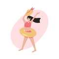 Young woman in pink swimsuit standing with yellow life ring and hat vector flat cartoon illustration.