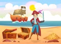 Young woman in pirate costume holding sword standing near open treasure chest on beach in front of pirate ship Royalty Free Stock Photo