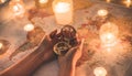 Young woman planning world tour with vintage travel map - Traveler girl using compass with candles in background - Wanderlust,