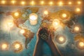 Young woman planning world tour with vintage travel map - Traveler girl using old compass with candles in background - Wanderlust