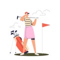 Young woman play golf. Professional female player hold golf club looking at ball hole flag at course Royalty Free Stock Photo