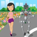 Young woman play sports with a robot.