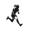 Young woman playing basketball. She runs and dribbles, isolated vector silhouette, ink drawing. Female basketball logo Royalty Free Stock Photo