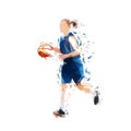 Young woman playing basketball. She runs and dribbles, low poly isolated vector illustration, geometric drawing. Female basketball Royalty Free Stock Photo