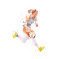 Young woman playing basketball. She runs and dribbles, low poly isolated vector illustration, geometric drawing. Female basketball Royalty Free Stock Photo
