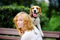 Young woman playing with Beagle dog in the park Royalty Free Stock Photo