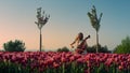 Young woman playing cello with inspiration in blooming tulip field Royalty Free Stock Photo