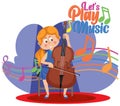 Young woman playing cello with lets play music text Royalty Free Stock Photo