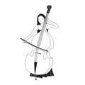 Young woman playing contrabass. Female contrabass artist. Elegant young girl and classical orchestral musical instrument