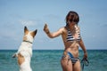 Young woman playing with her dog on the beach Royalty Free Stock Photo