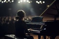 Young woman playing the piano in a concert hall. Selective focus. A pianist playing a grand piano with passion and expertise, AI Royalty Free Stock Photo