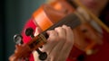 Young woman playing the violin. Hands of musician, close up view. Front view