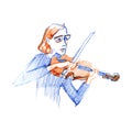 Young woman playing violin line sketch drawing. hand drawn color illustration of a violinist