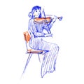 Young woman playing violin line sketch drawing. hand drawn illustration of a violinist
