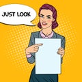 Young Woman Pointing on Blank Paper Sheet. Business Presentation. Pop Art retro illustration Royalty Free Stock Photo