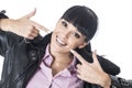 Young Woman Pointing at Her Teeth or Smile with Both Fingers Royalty Free Stock Photo