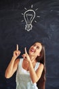 Young woman pointing two fingers up at the chalk drawing of light bulb