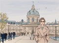 Young woman on Pont des arts in Paris