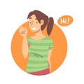 Young Woman with Ponytail Saying Hello and Showing Hand Greeting Gesture Vector Illustration Royalty Free Stock Photo