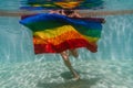 Young woman in a pool holding rainbow gay flag underwater.LGBTQ concept. Summertime Royalty Free Stock Photo