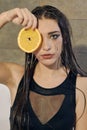 Young woman portrait with dripping smeared makeup