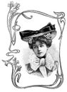 Young Woman Portrait Retro Hat. Vintage Fashion Engraving