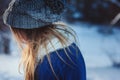 Young woman portrait walking in snowy winter forest, spending christmas vacation outdoor Royalty Free Stock Photo