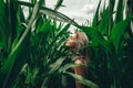 Young woman poses at corn field. Carefree woman enjoying freedom outdoors Royalty Free Stock Photo