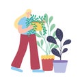 Young woman with potted plants gardening decoration isolated icon white background