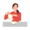 Young woman pouring tea in cup from kettle. Smiling guy enjoy warm coffee Royalty Free Stock Photo