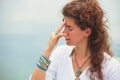 Young woman practice yoga breathing techniques outdoor