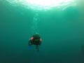 Young woman practices the sport scuba diving with oxygen tank equipment, visor, fins, relaxes and enjoys the bottom of the crystal Royalty Free Stock Photo