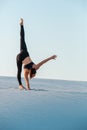 Young woman practicing inversion balancing yoga pose handstand on sand. Royalty Free Stock Photo